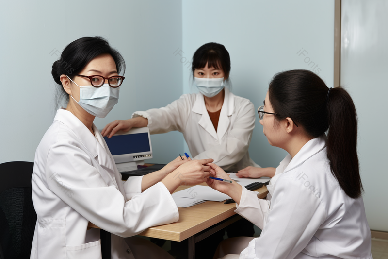 三个女医生在讨论病情检查视力医疗设备,高清,摄影图,摄影图片,图片大全,摄影图免费下载